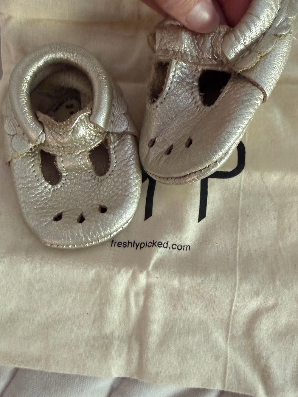 Freshly picked scallop gold Mary Jane moccs